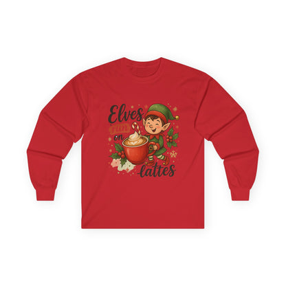 Christmas Elf Long Sleeve Tee, Holiday Shirt, Gift for Coffee Lovers, Festive Apparel, Elf-Themed Clothing