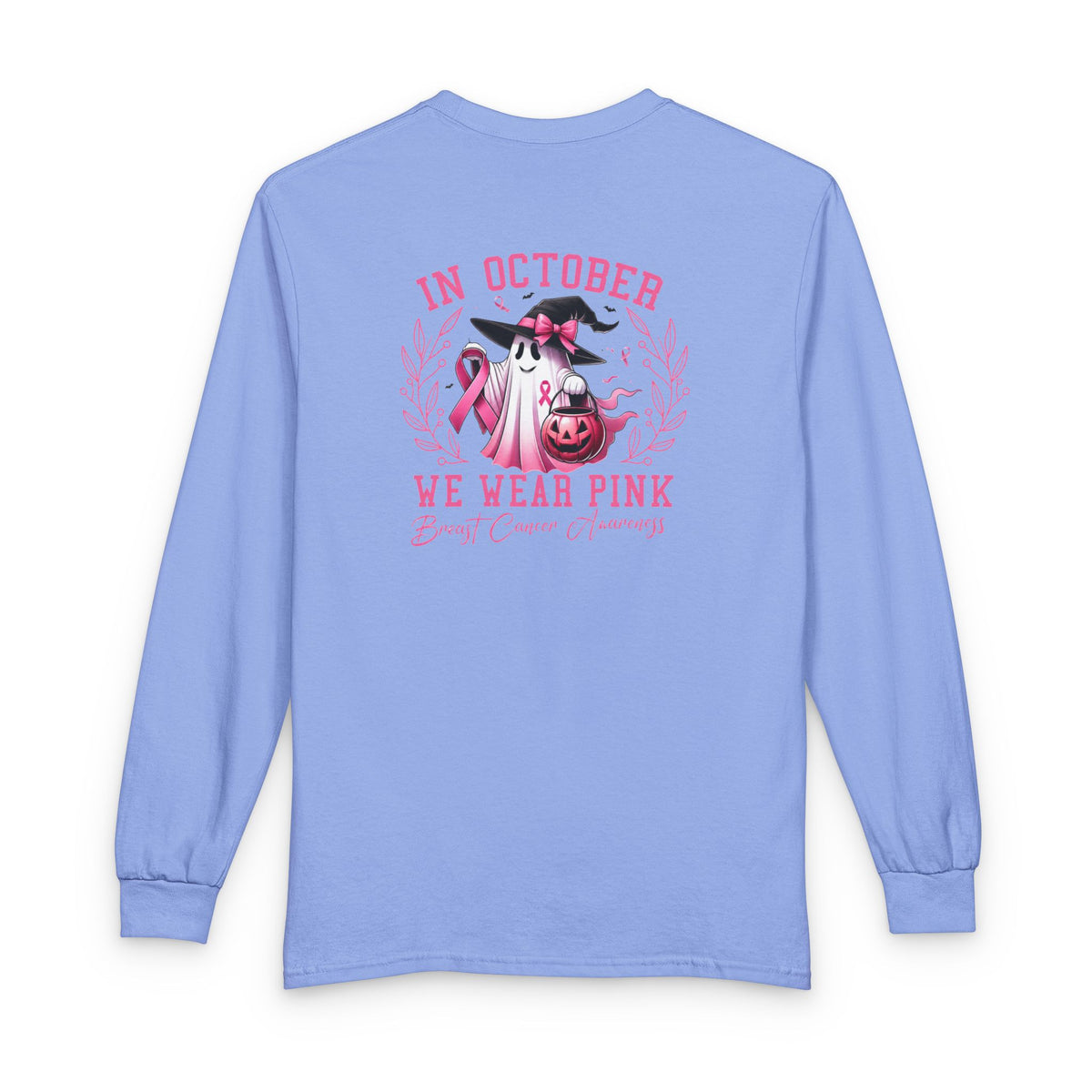 Breast Cancer Awareness Long Sleeve Tee — "In October We Wear Pink" Cow Design