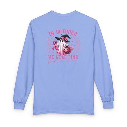 Breast Cancer Awareness Long Sleeve Tee — "In October We Wear Pink" Cow Design