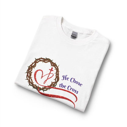 Long Sleeve Tee “He Chose the Cross” Christian Crown of Thorns Heart Design