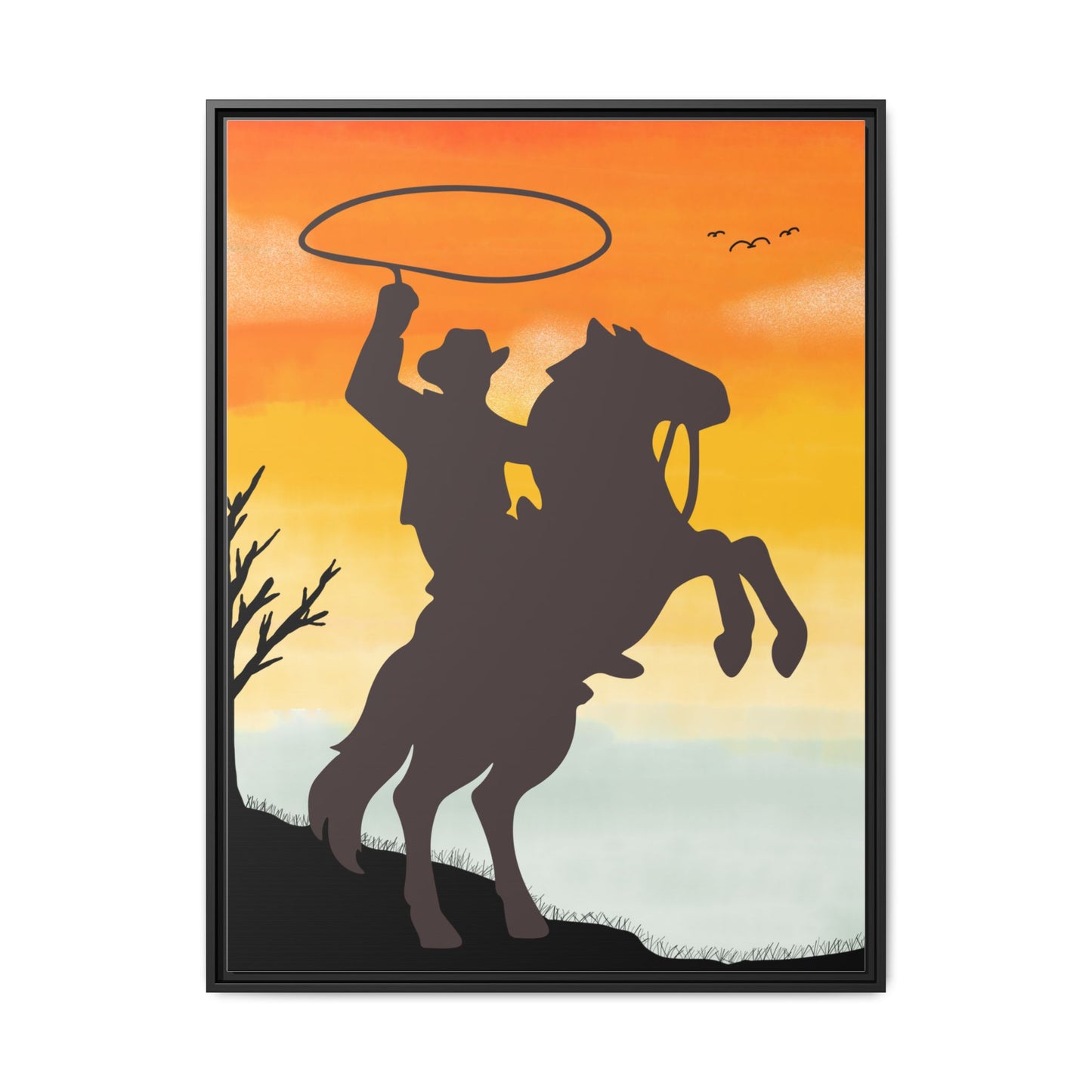 Framed Canvas Art Print Western Home Decor Rustic Wall Art Gift for Cowgirl or Cowboy Country Housewarming Rodeo Home Decor Cowboy Sunset