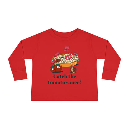 T-Shirt Cute Food-Themed Toddler Long Sleeve Tee Catch the Tomato Sauce Shirt Kids Foodie Apparel Fun Playdate Outfit Perfect for Birthdays