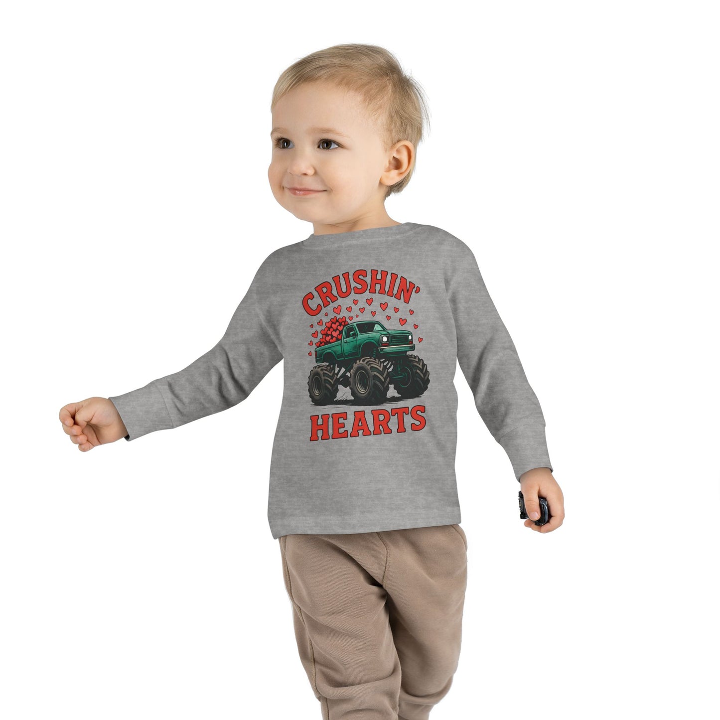 Toddler Long Sleeve Tee — "Crushin' Hearts" Monster Truck Valentine Shirt