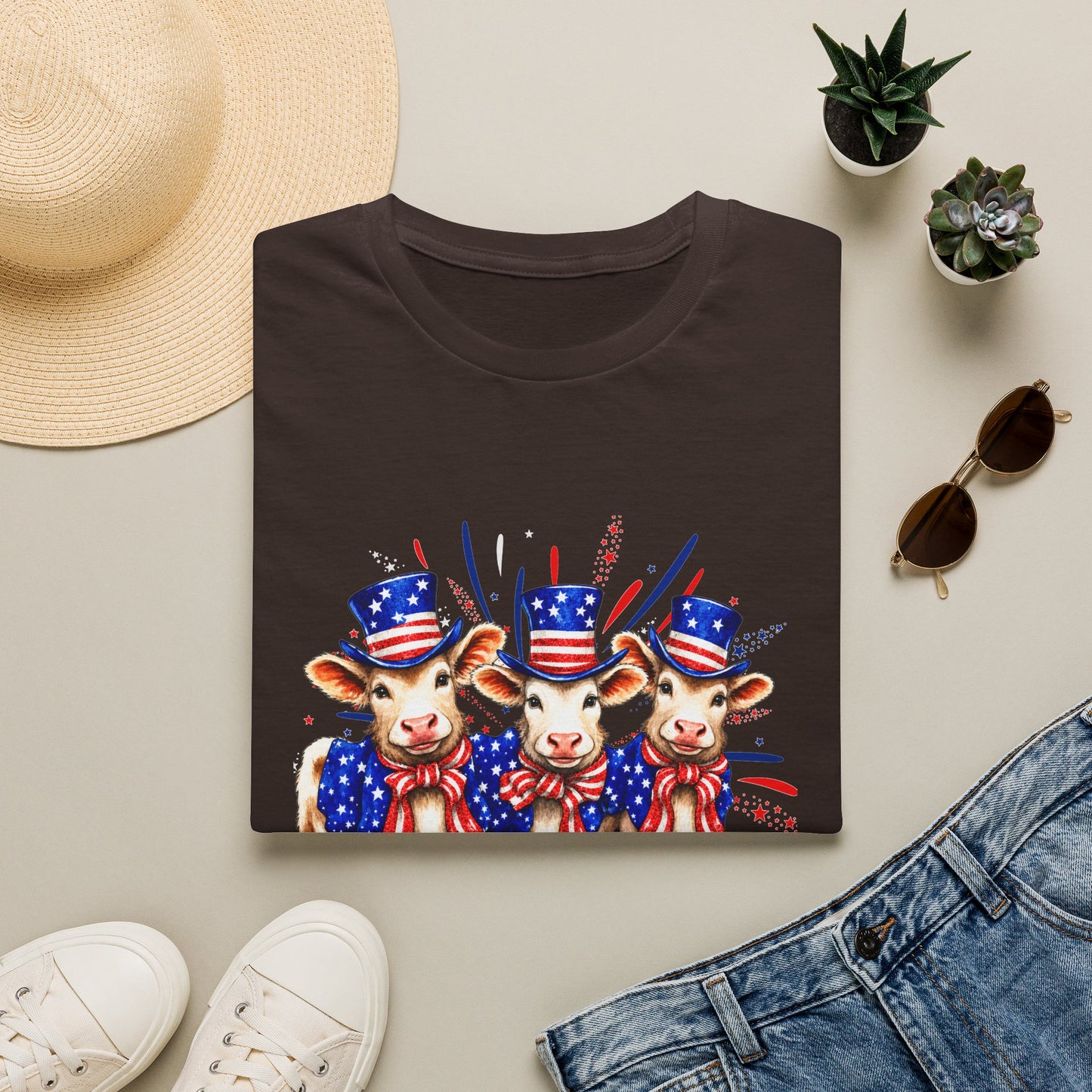 American Patriotic Cows T-Shirt — 4th of July Cow Trio in Uncle Sam Hats