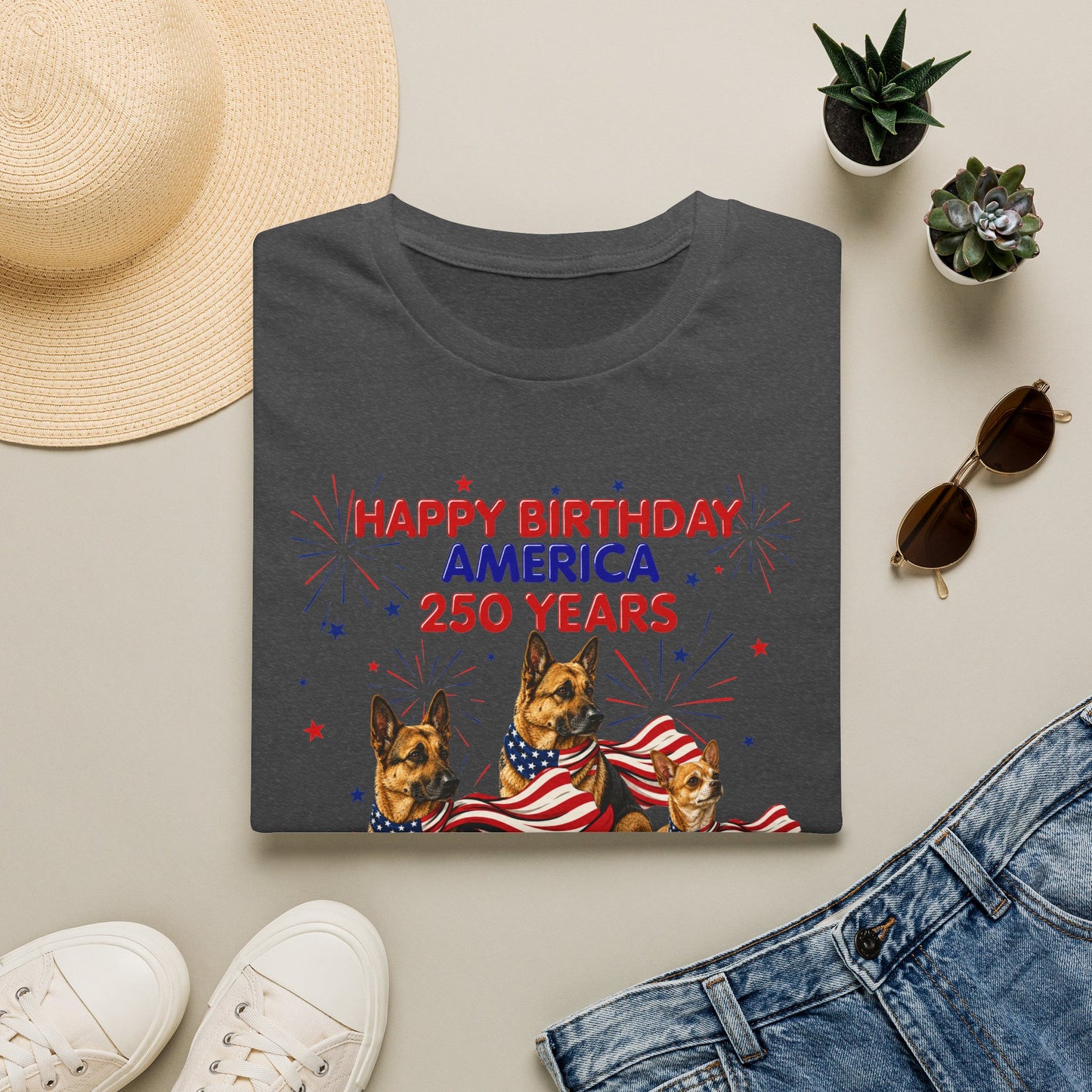 1776–2026 Happy Birthday America T-Shirt — 250 Years Patriotic Flag Dogs Tee