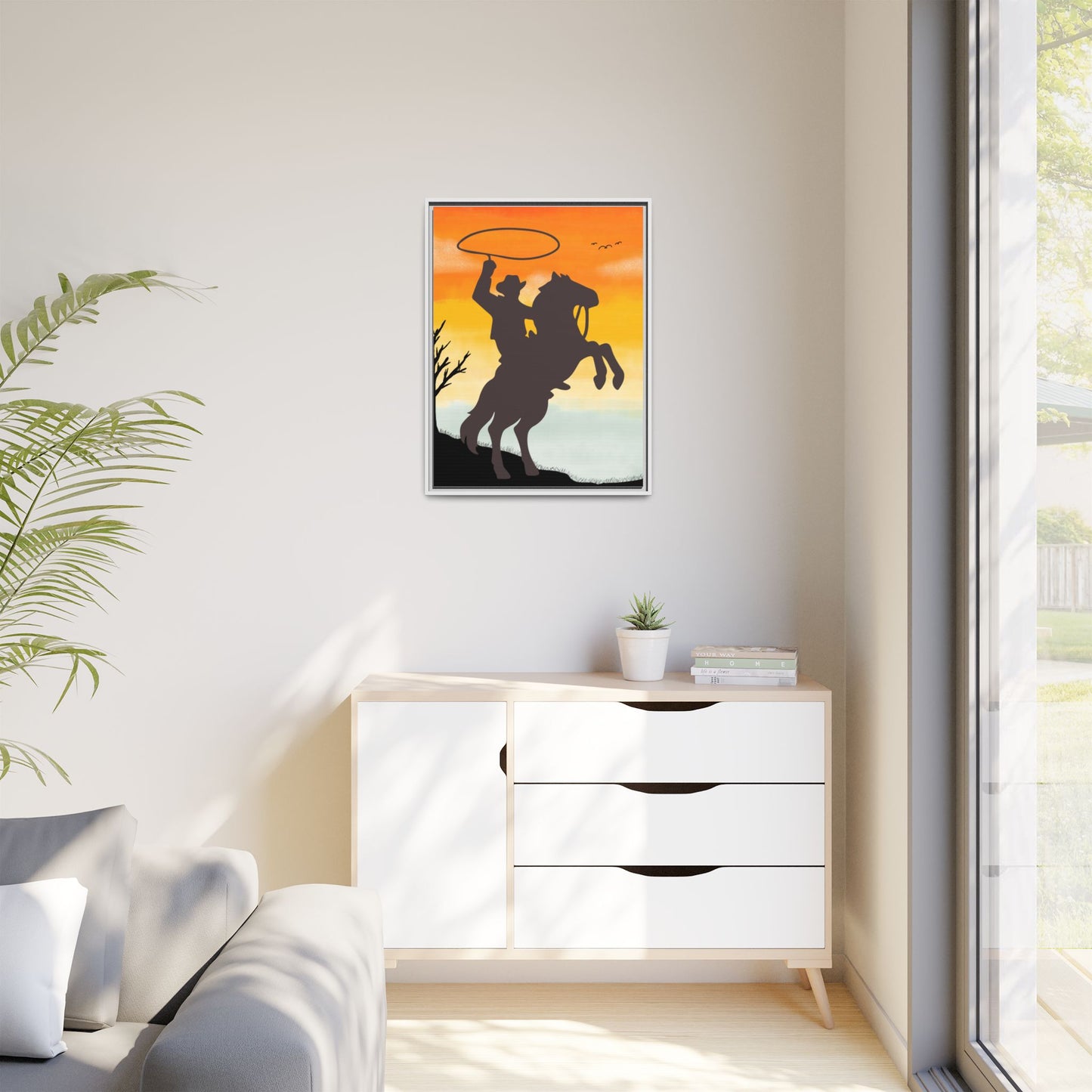 Framed Canvas Art Print Western Home Decor Rustic Wall Art Gift for Cowgirl or Cowboy Country Housewarming Rodeo Home Decor Cowboy Sunset
