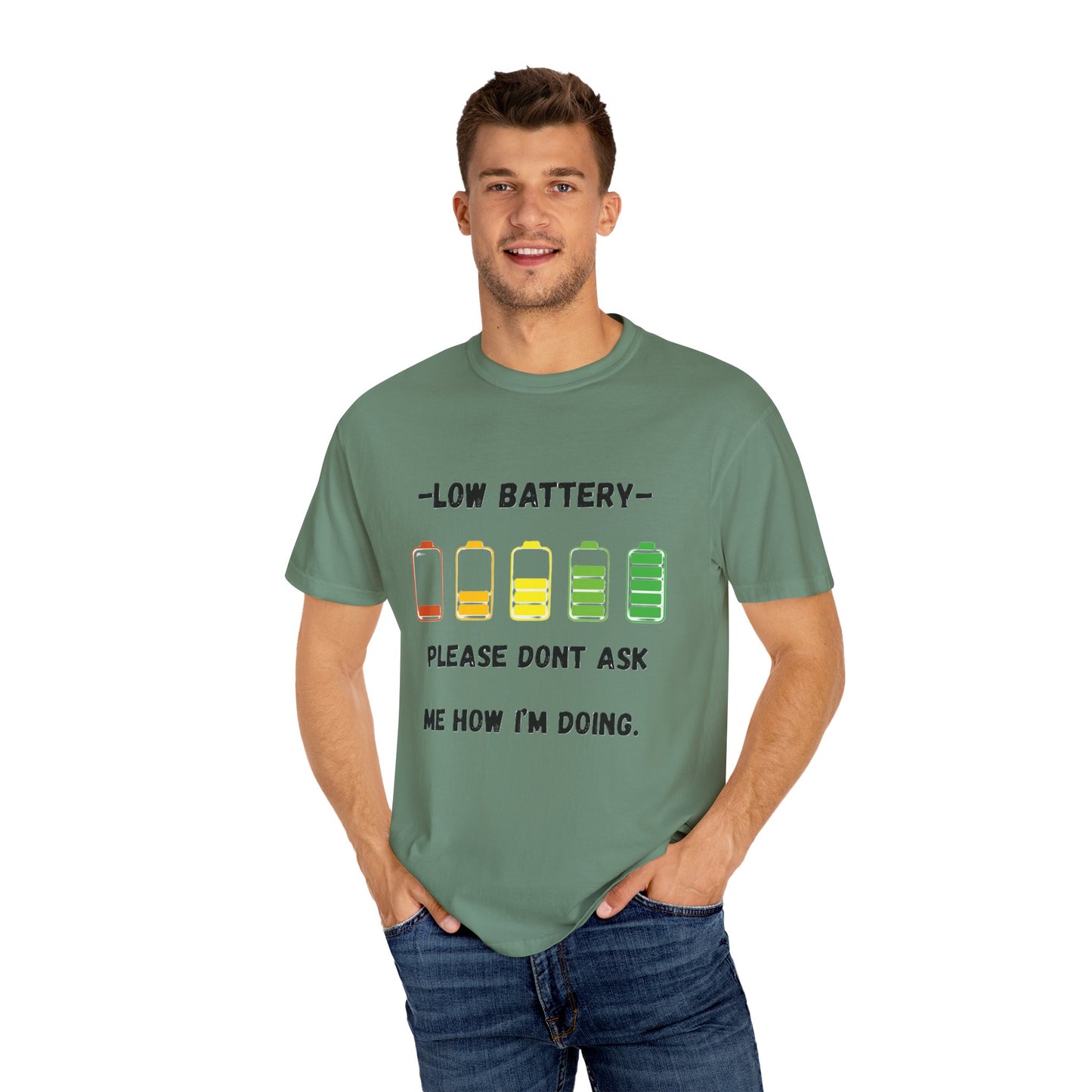 T-Shirt Low Battery Funny Unisex T-Shirt Humorous Gift Casual Wear Self-Care Reminder Everyday Comfort