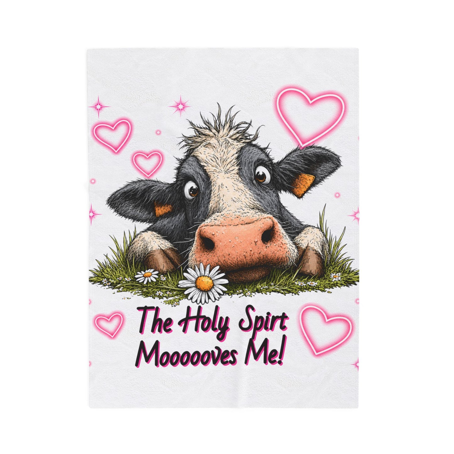 Velveteen Blanket – "The Holy Spirit Moooooves Me" Cute Cow Plush Throw
