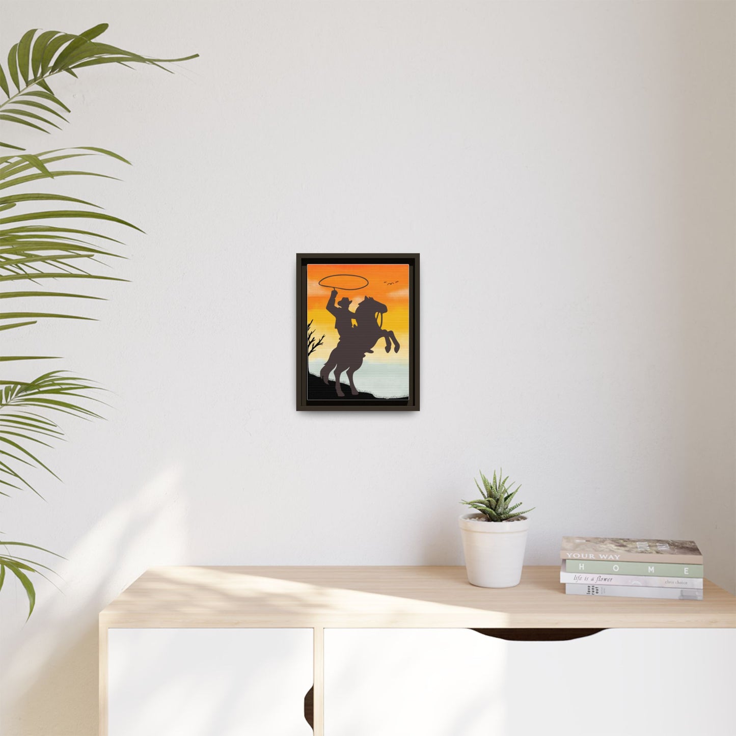 Framed Canvas Art Print Western Home Decor Rustic Wall Art Gift for Cowgirl or Cowboy Country Housewarming Rodeo Home Decor Cowboy Sunset