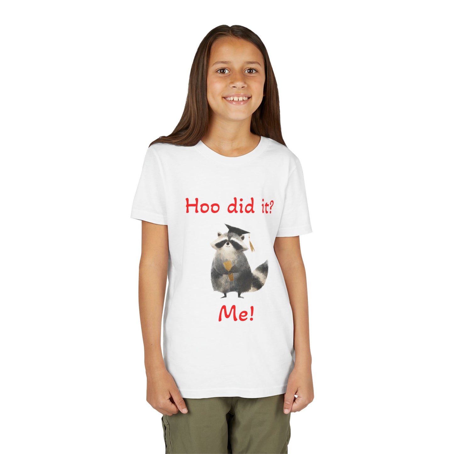 Youth Tee – Cute Raccoon “Hoo did it? Me!” Kids Shirt