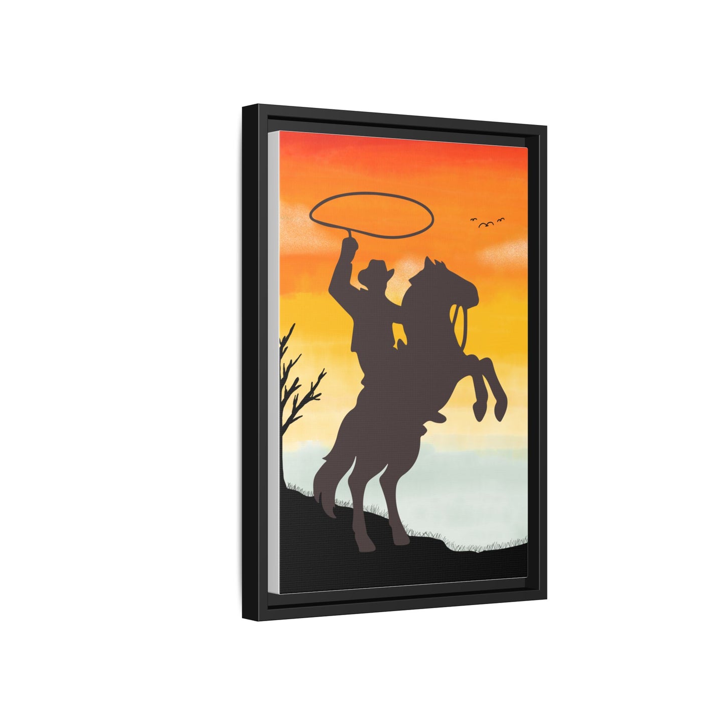 Framed Canvas Art Print Western Home Decor Rustic Wall Art Gift for Cowgirl or Cowboy Country Housewarming Rodeo Home Decor Cowboy Sunset
