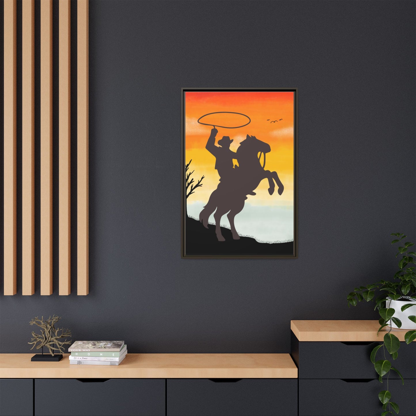 Framed Canvas Art Print Western Home Decor Rustic Wall Art Gift for Cowgirl or Cowboy Country Housewarming Rodeo Home Decor Cowboy Sunset