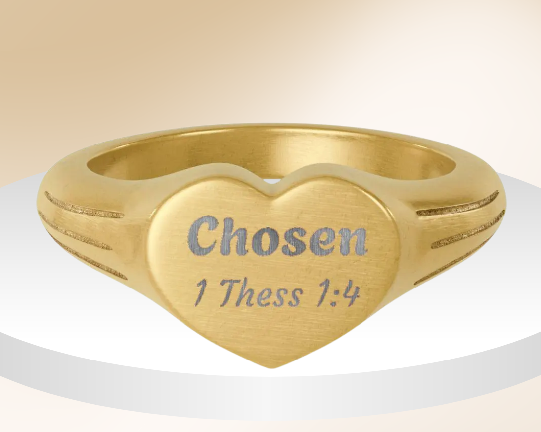 Heart Signet Ring — Engraved “Chosen 1 Thess 1:4” Stainless Steel