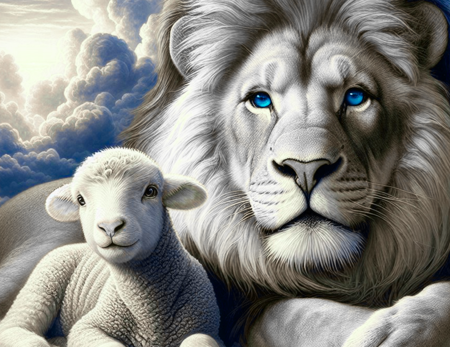 Lion Lamb Art Museum Quality Archival Paper Matte Finish White Artwork Peace Animal Illustration Wall Print Monochromatic Design Minimal