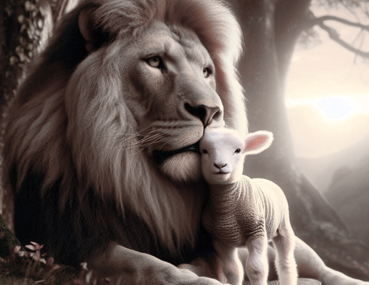 Lion Lamb Art Museum Quality Archival Paper Matte Finish White Artwork Peace Animal Illustration Wall Poster Monochromatic Design Minimal