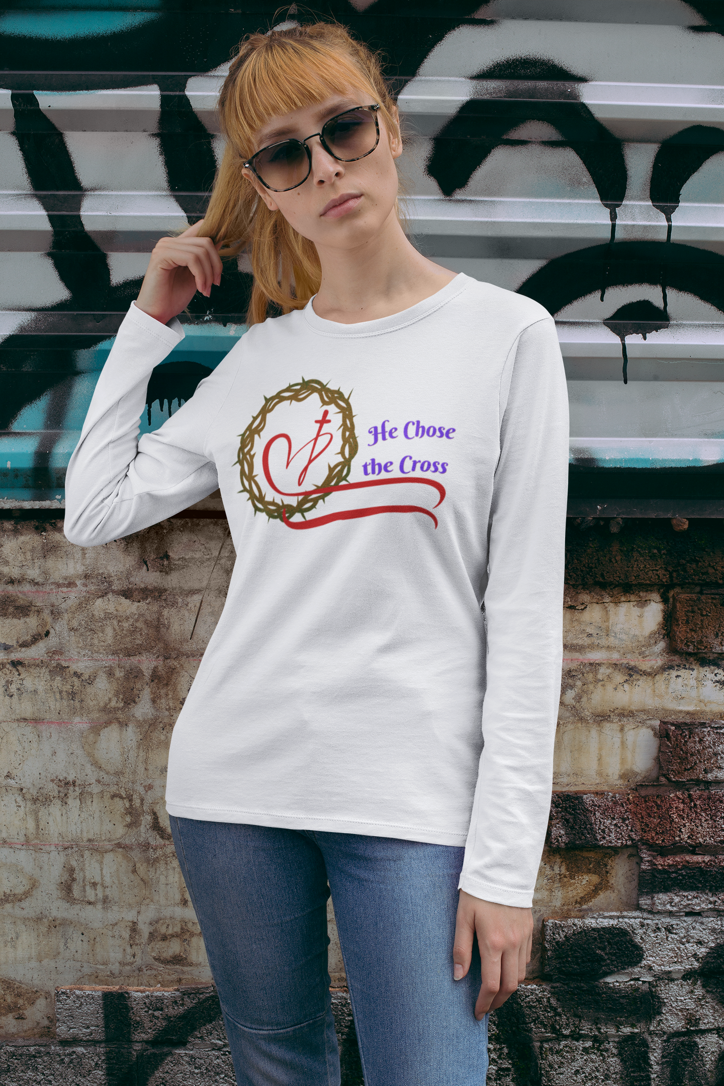 Long Sleeve Tee “He Chose the Cross” Christian Crown of Thorns Heart Design